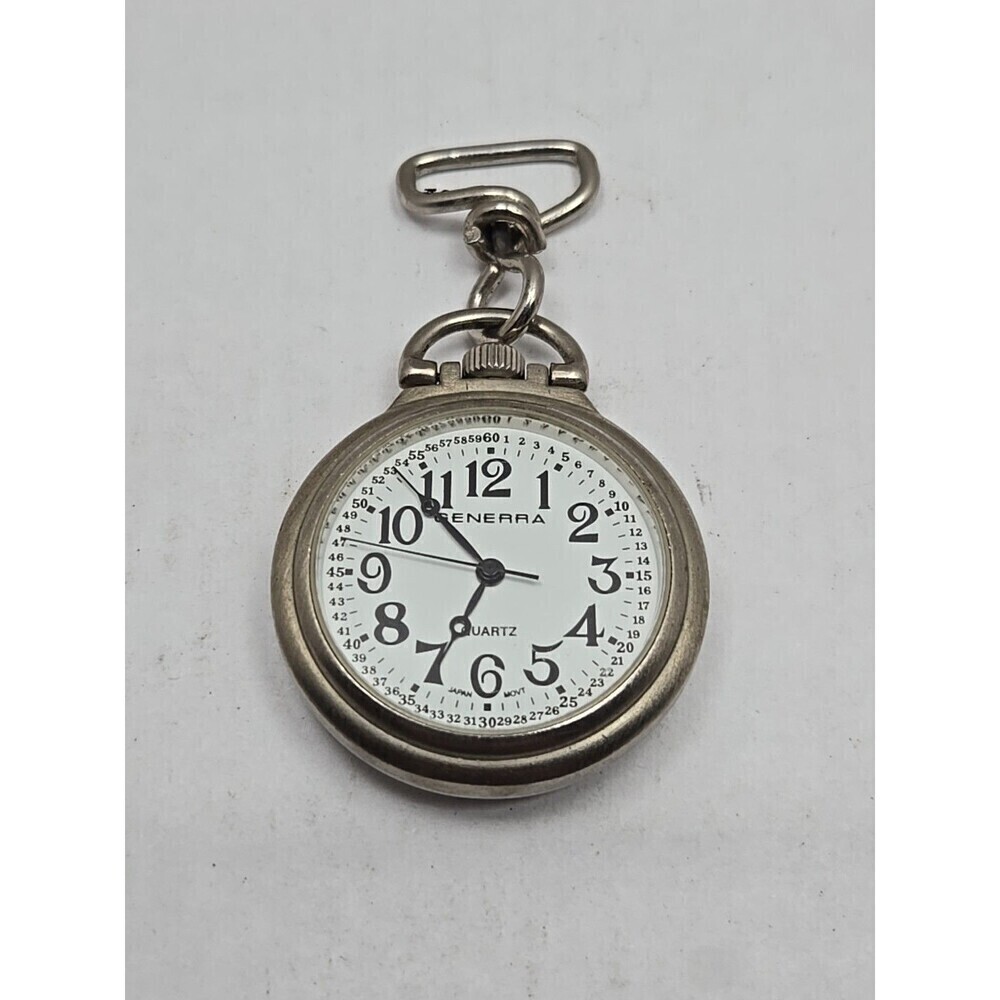 Vintage Generra Quartz Pocket Watch Military Time Dial Silver Case New Battery